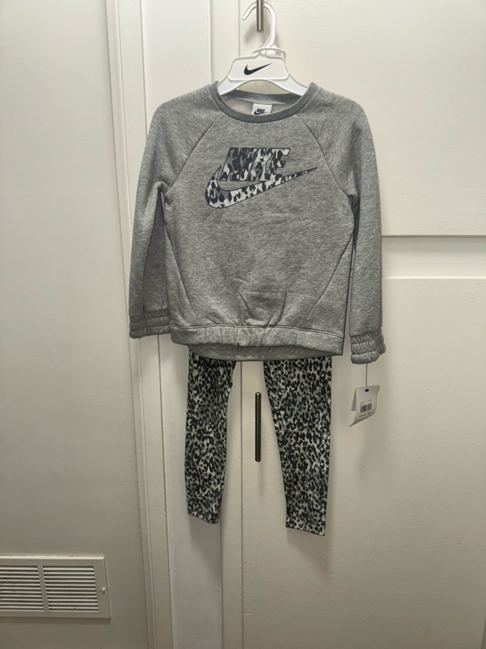 Nike Kids Gray Sweatshirt with Black & White Leopard Leggings